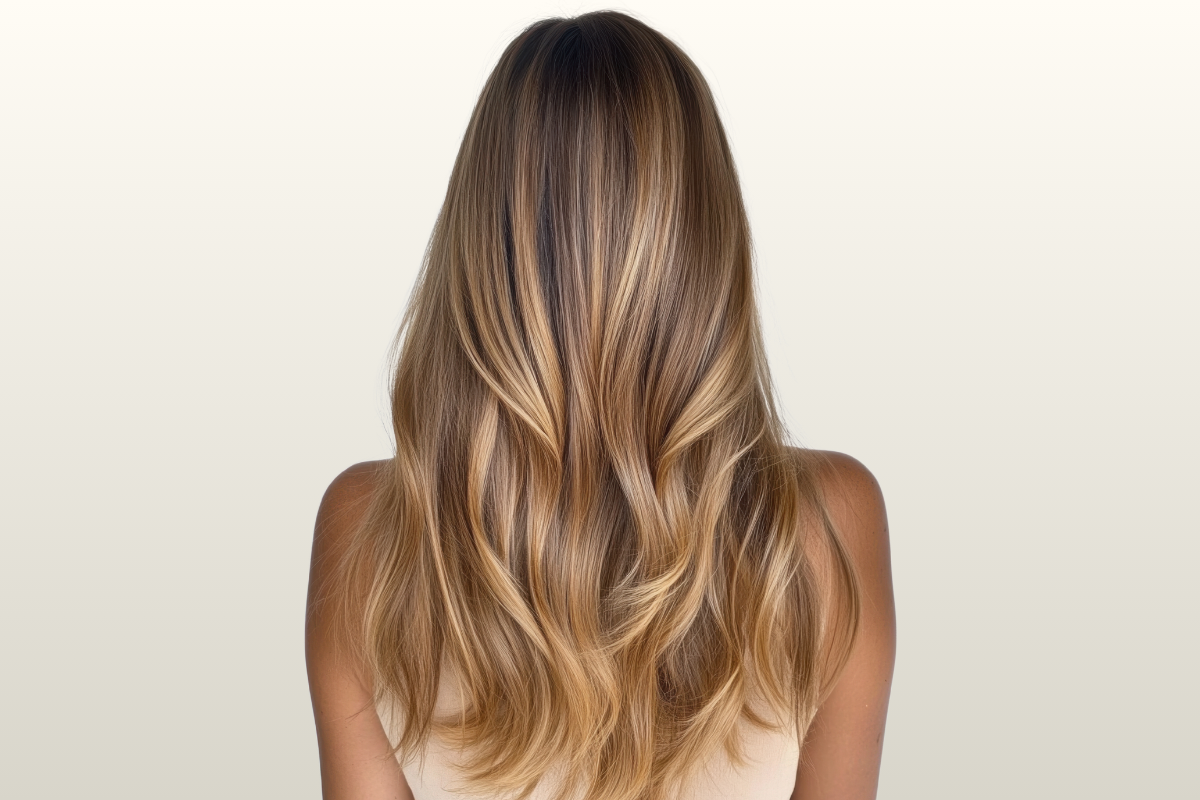 Coloration : Mèches et babylights caramel, doré, brun chaud / Highlights caramel, golden, luminous brown